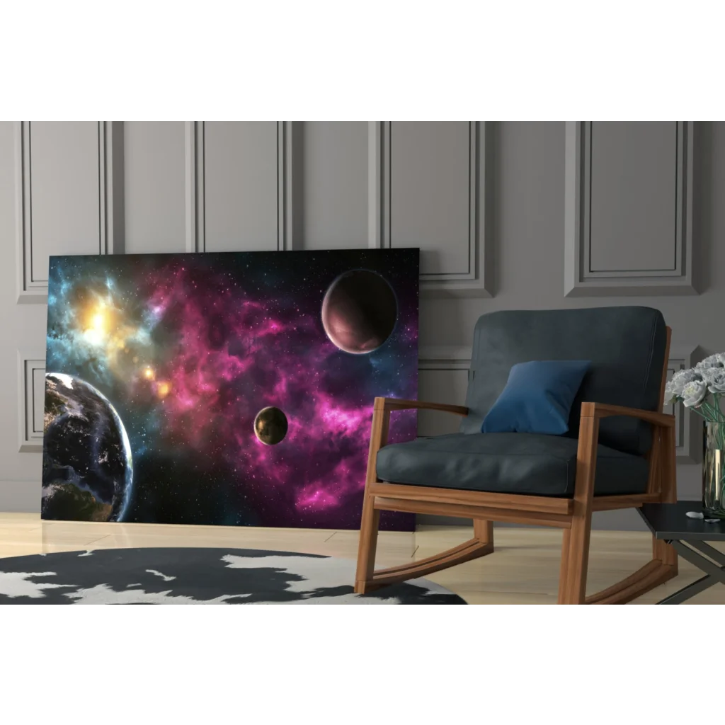 Vibrant cosmic galaxy glass wall art with magenta gold nebulae and planets