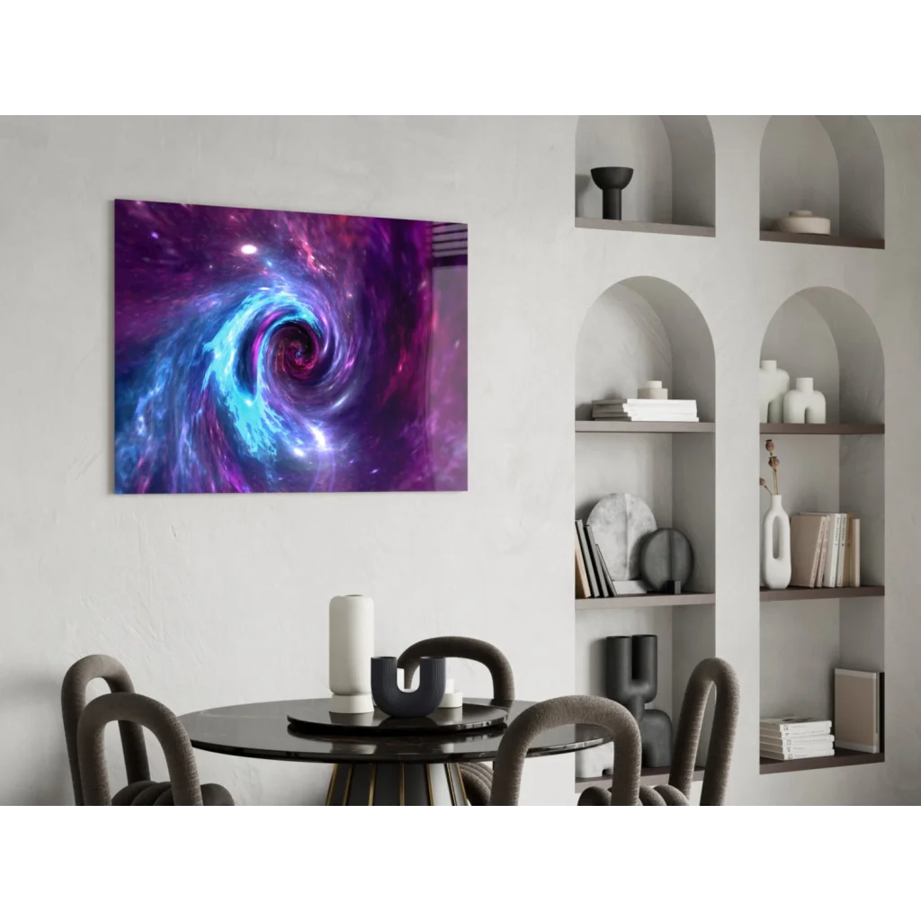 Vibrant cosmic swirl in glass wall art print with purples and blues
