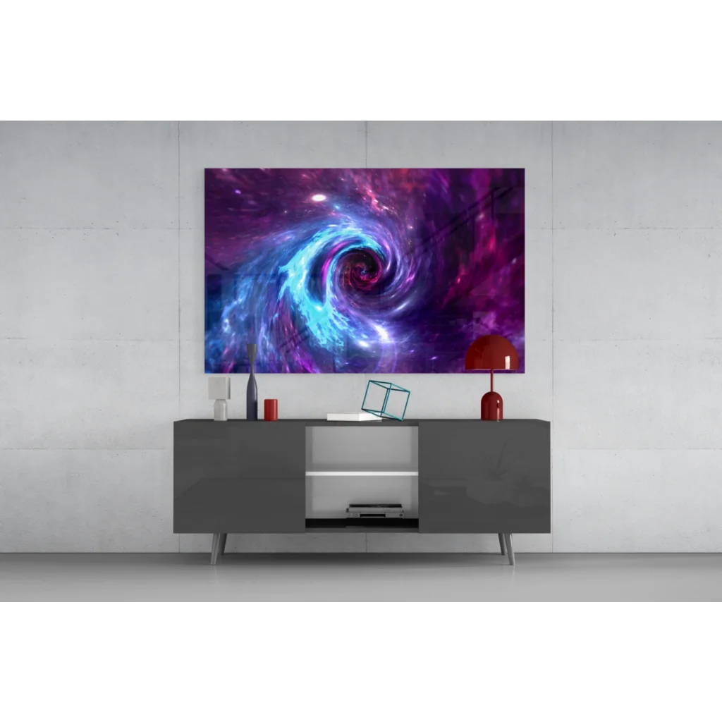 Vibrant cosmic swirl glass wall art print with nebulae in purples and blues