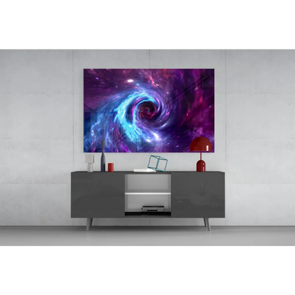 Vibrant cosmic swirl glass wall art print with nebulae in purples and blues