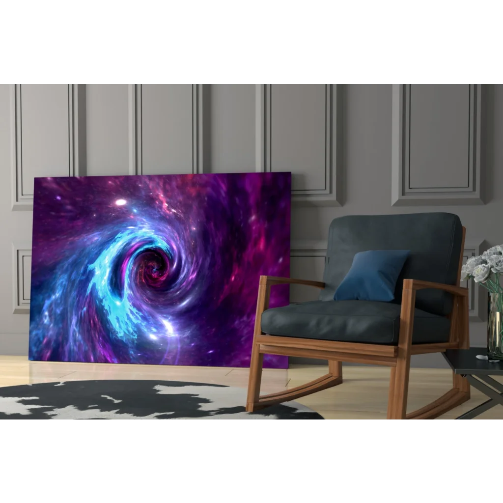 Vibrant cosmic swirl glass wall art print in purples, blues, pinks
