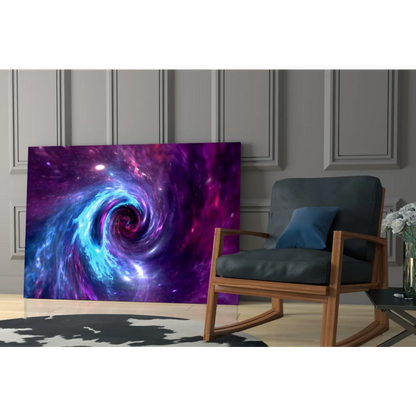 Vibrant cosmic swirl glass wall art print in purples, blues, pinks
