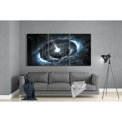 Three-panel cosmic galaxy glass wall art with swirling blue black stars above sofa