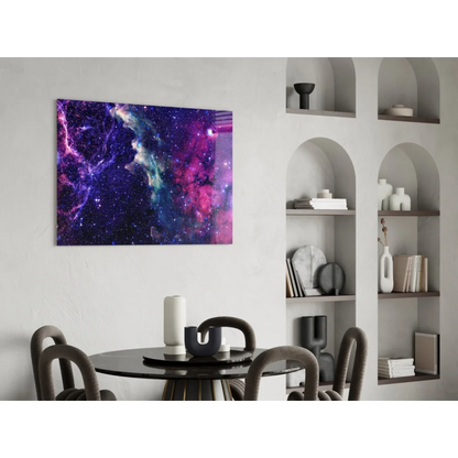 Vibrant cosmic nebula glass wall art in purple pink blue on canvas