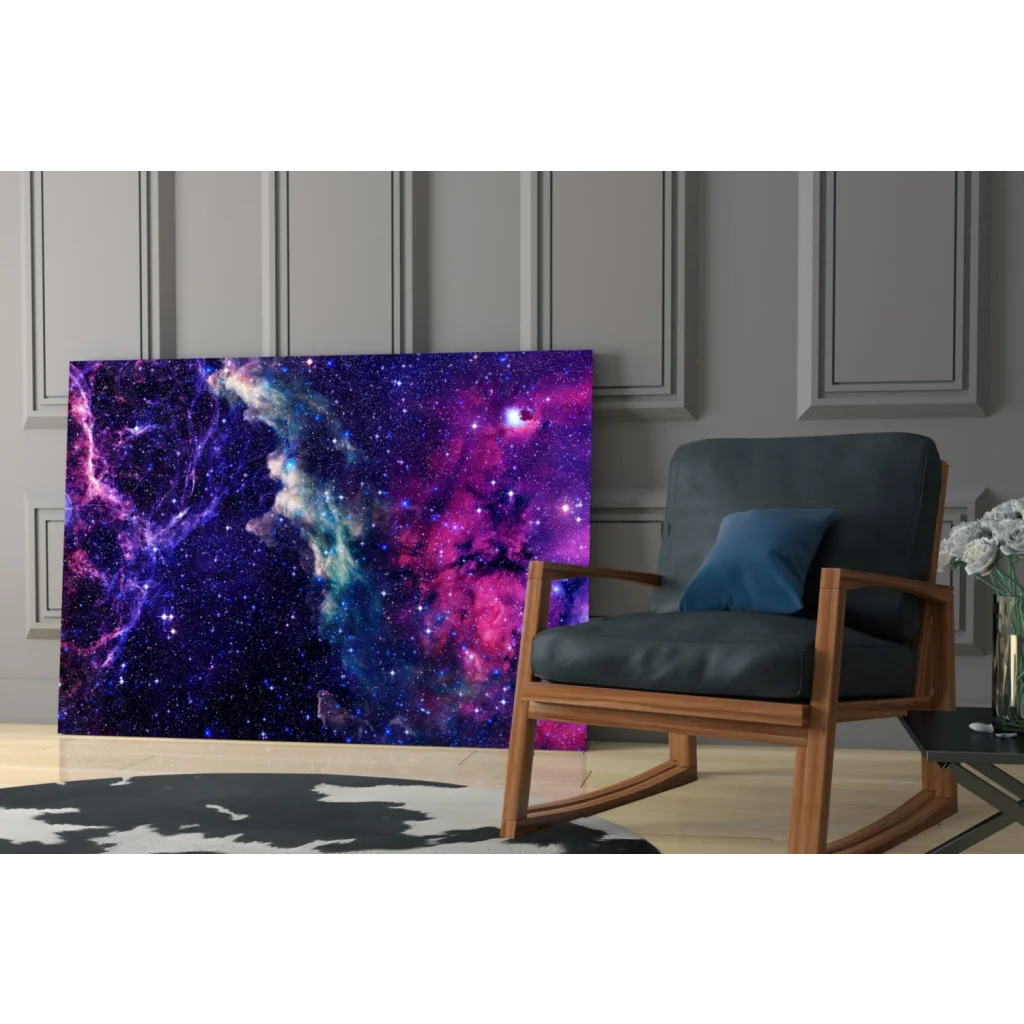 Stunning cosmic nebula glass wall art in vibrant purples, pinks, blues