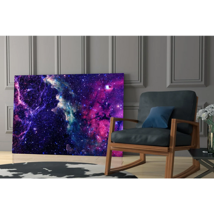 Stunning cosmic nebula glass wall art in vibrant purples, pinks, blues