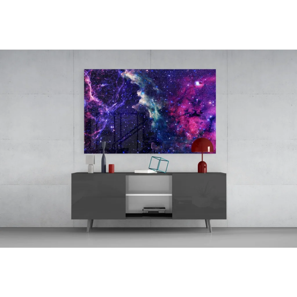 Stunning cosmic nebula glass wall art in vibrant purples, pinks, blues