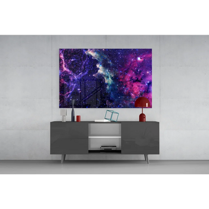 Stunning cosmic nebula glass wall art in vibrant purples, pinks, blues