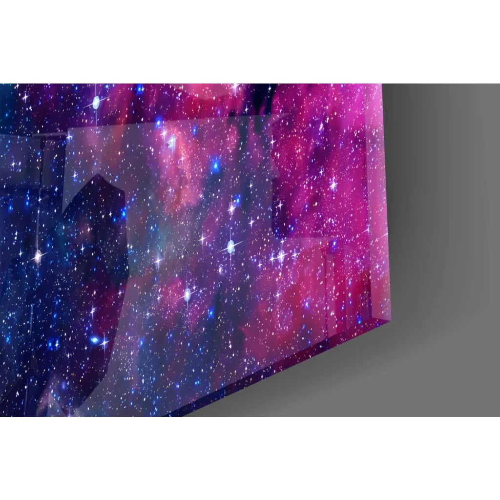 Stunning cosmic nebula glass wall art in purple pink blue