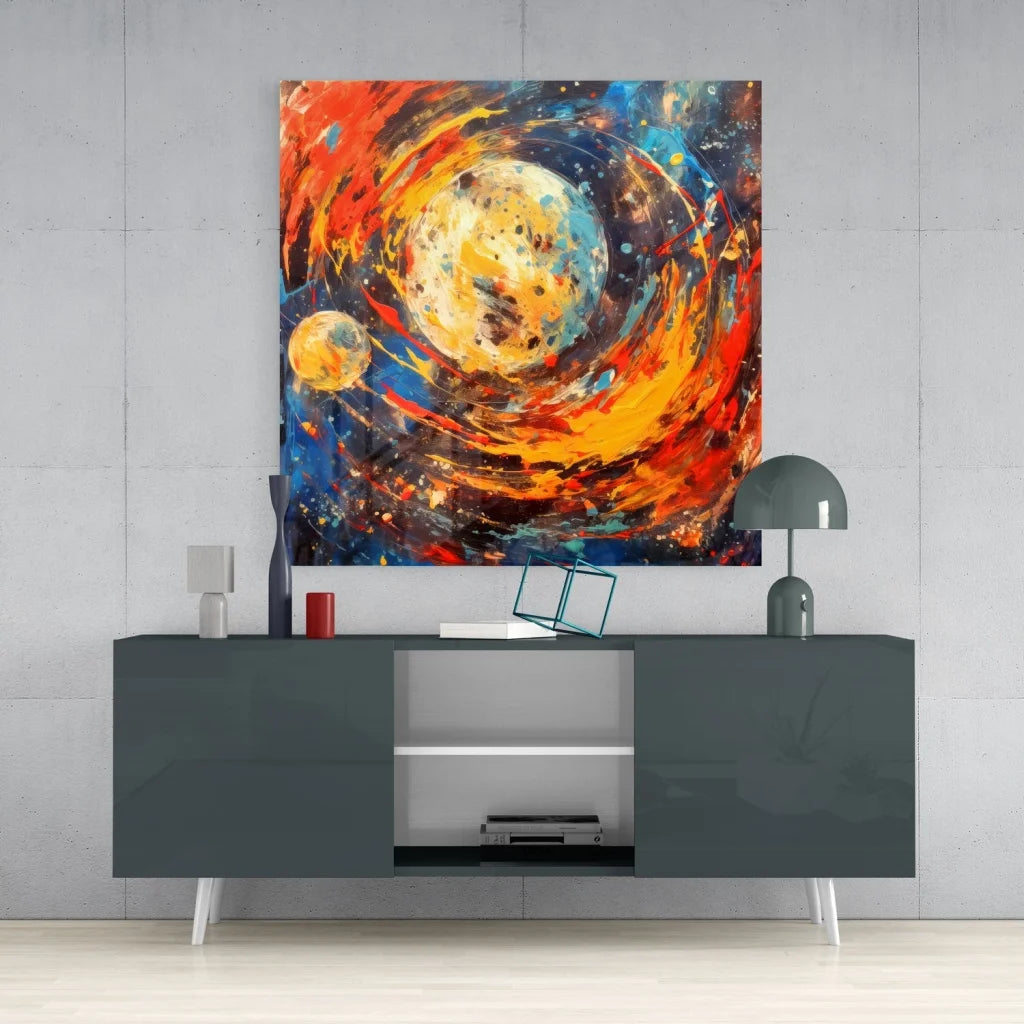 Cosmic Nebula Tempered Glass Art with Fiery Orange Swirls | Contemporary Home Wall Art | vintageantiquesgifts.com