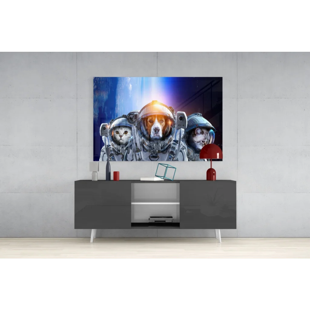 Space pets astronaut wall art canvas print with cat dog in suits on cosmic blue