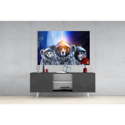 Space pets astronaut wall art canvas print with cat dog in suits on cosmic blue