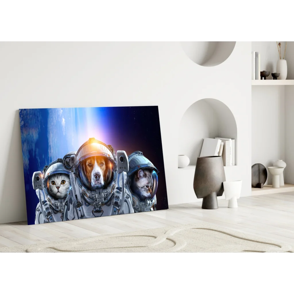 Space pets astronaut wall art canvas print with cats and beagle