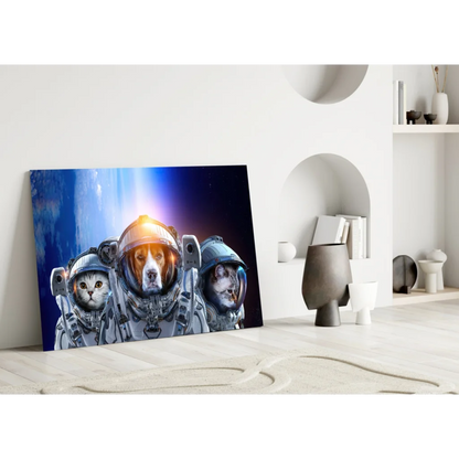 Space pets astronaut wall art canvas print with cats and beagle