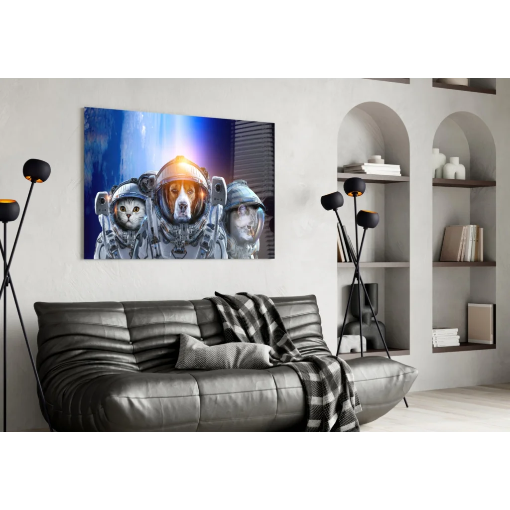 Vibrant space pets astronaut wall art canvas print with blue orange animals