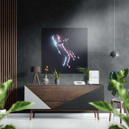 Glowing neon astronaut in mid-fall on brushed aluminium dibond wall art