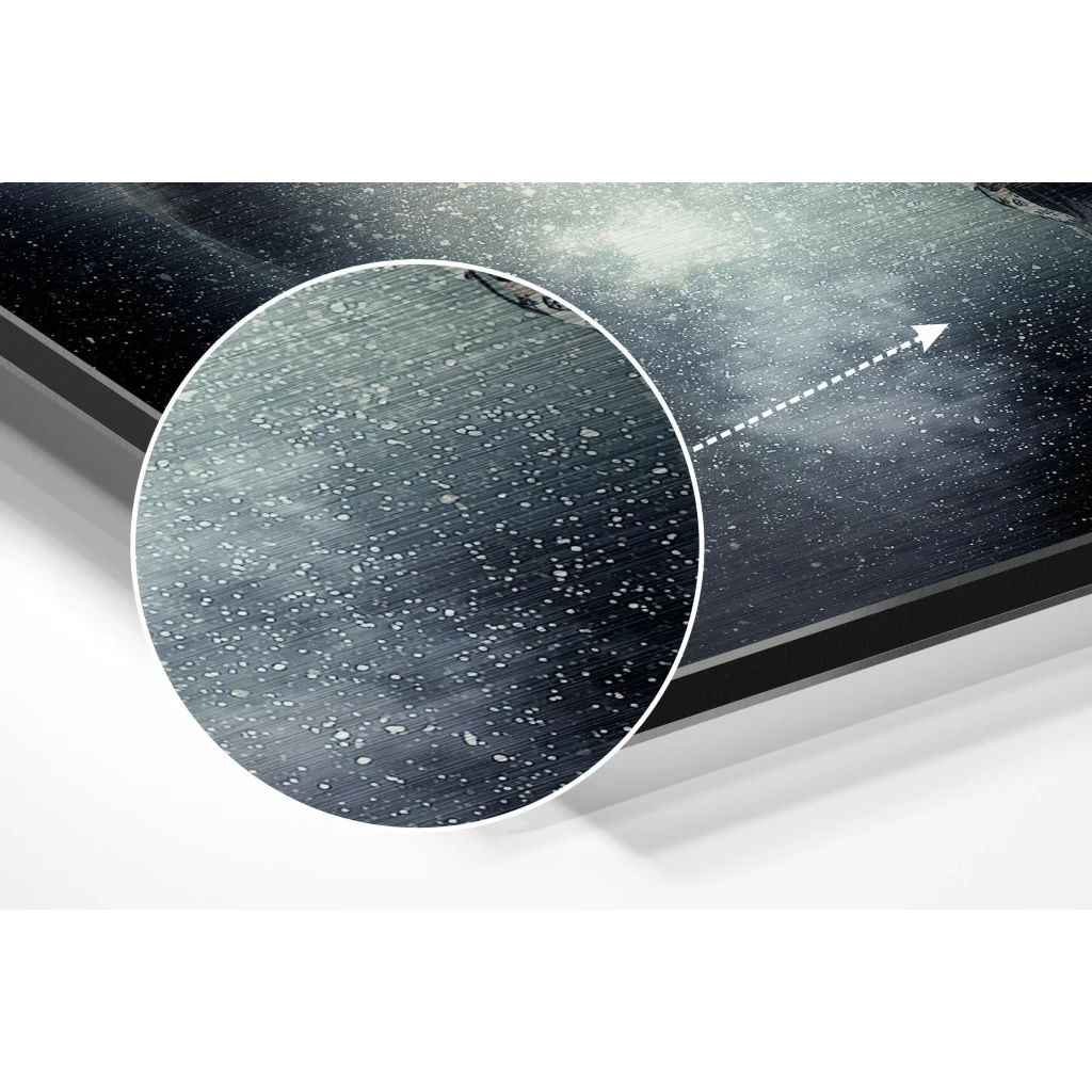 Close-up of brushed aluminium dibond print with metallic surface and white specks