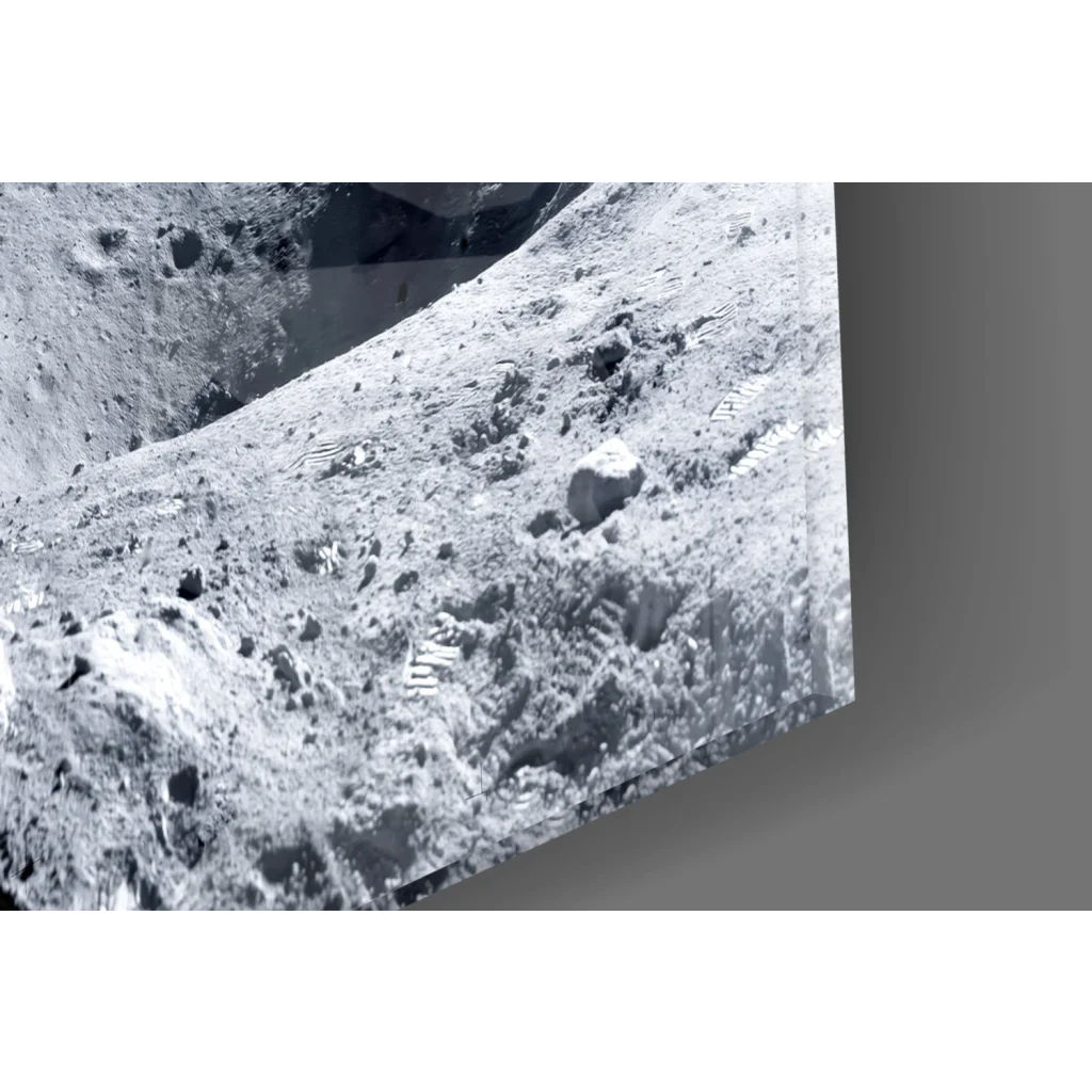 Black-and-white lunar rocky surface on tilted acrylic glass wall art