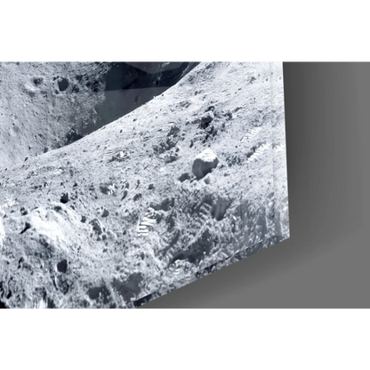 Black-and-white lunar rocky surface on tilted acrylic glass wall art