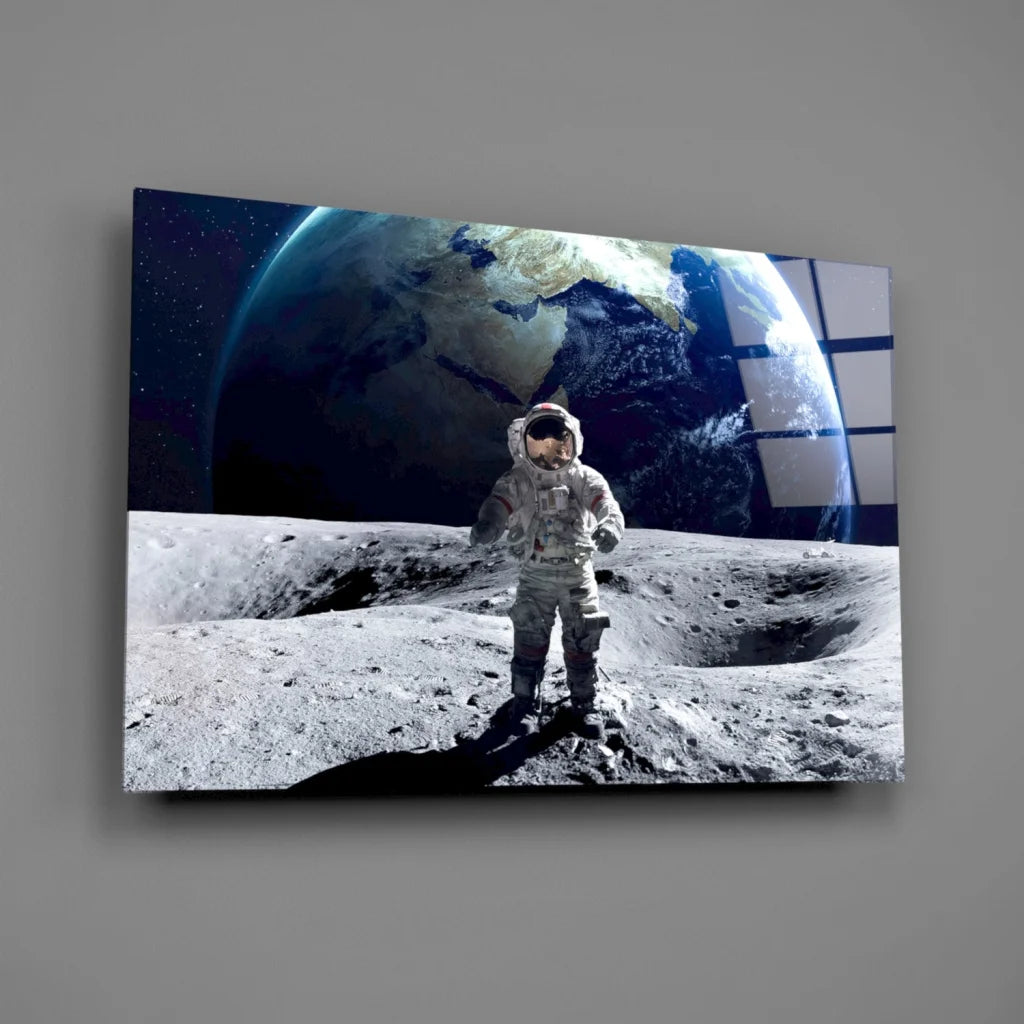 Astronaut in white spacesuit on moon with Earth view canvas wall art