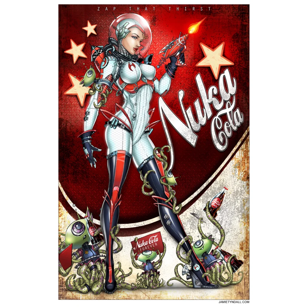 Stylized female astronaut in white red spacesuit holding glowing orange weapon on brushed aluminum print