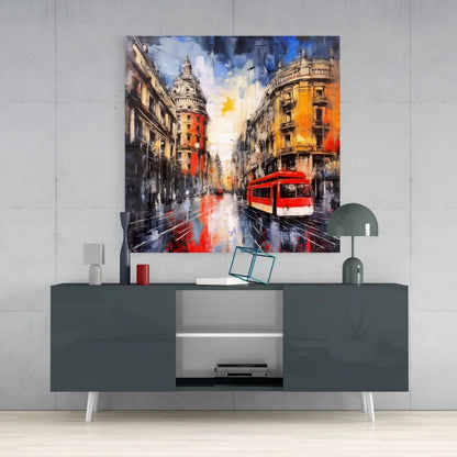 Vibrant red tram in abstract cityscape on tempered glass art
