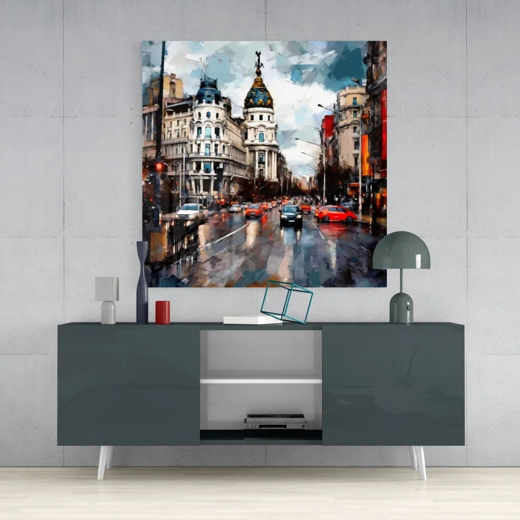 Vibrant tempered glass art of rainy cityscape with cars under clouds