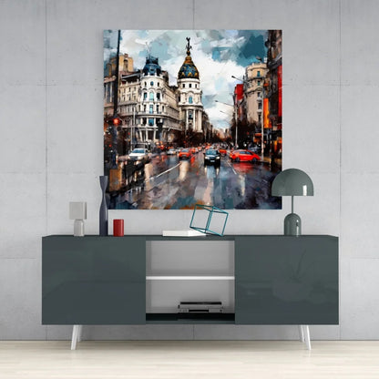 Vibrant tempered glass art of rainy cityscape with cars under clouds