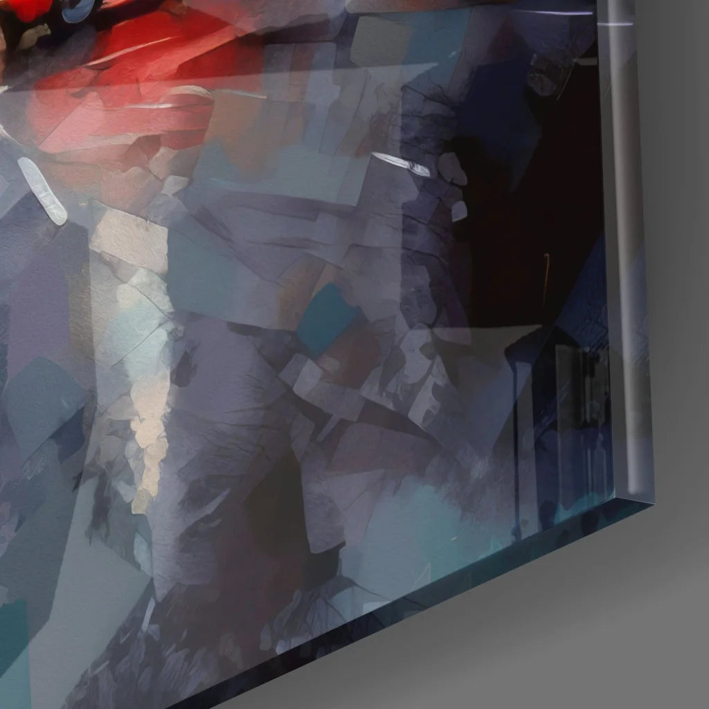 Stunning tempered glass art with vibrant blue gray red geometric shapes