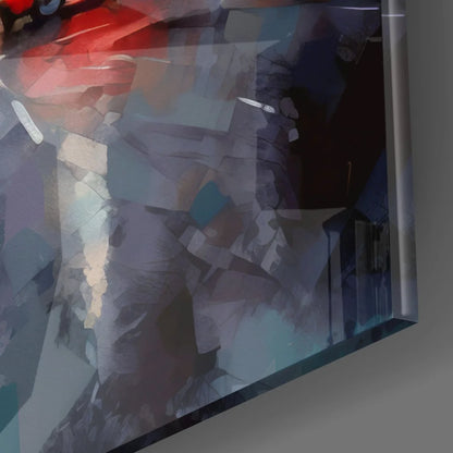 Stunning tempered glass art with vibrant blue gray red geometric shapes