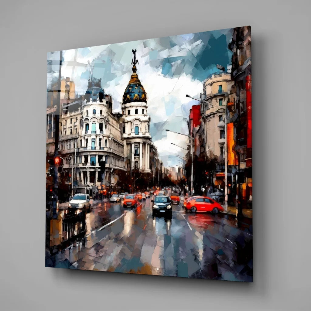 Vibrant tempered glass art of colorful geometric cityscape