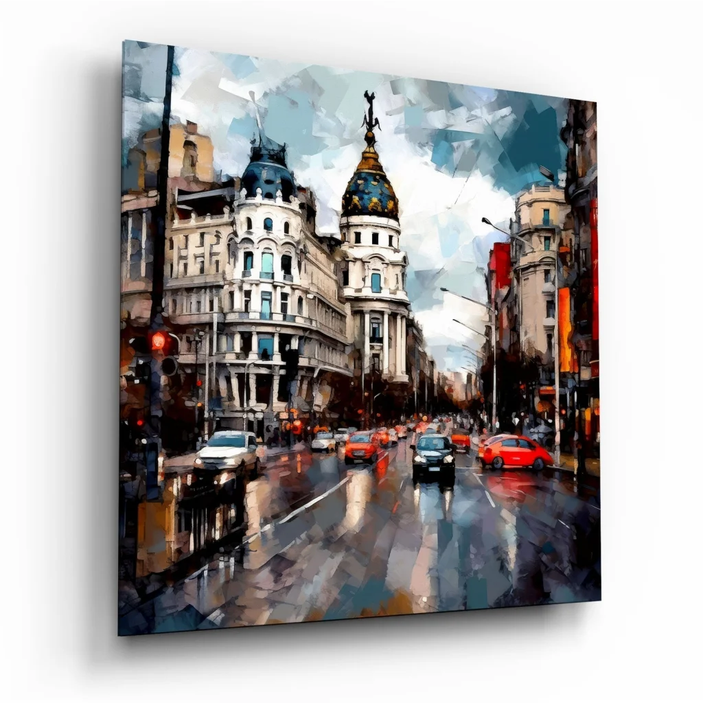 Vibrant tempered glass art of geometric cityscape with golden dome