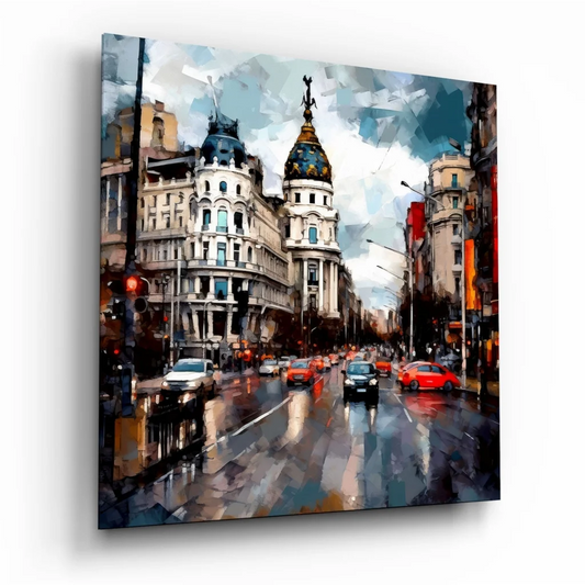 Vibrant tempered glass art of geometric cityscape with golden dome
