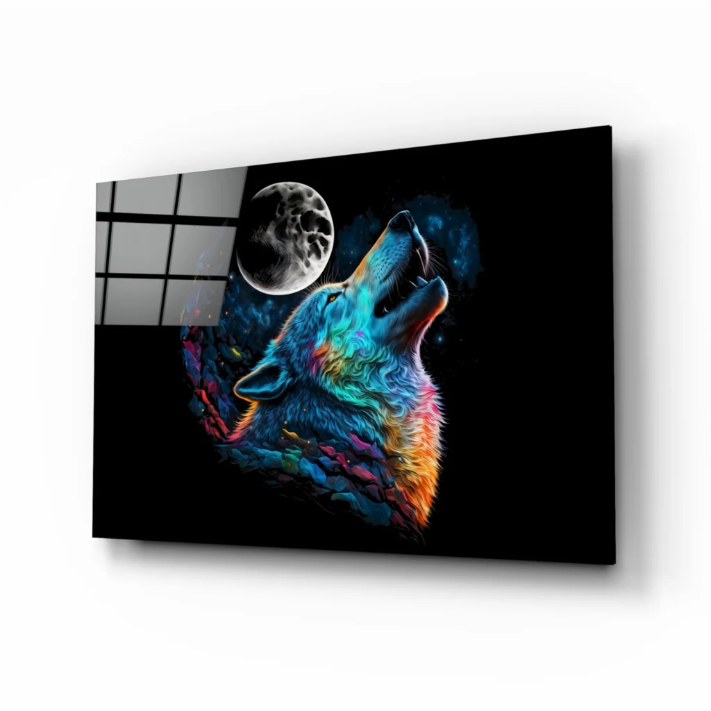 Vibrant neon wolf howling under crescent moon on glossy black glass wall art