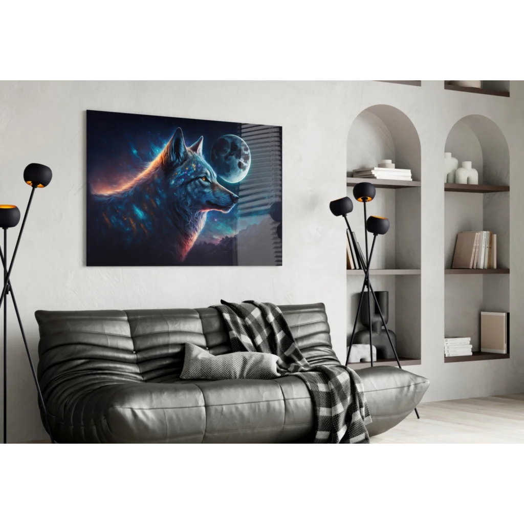 Cosmic Wolf canvas wall art with glowing moon design on display