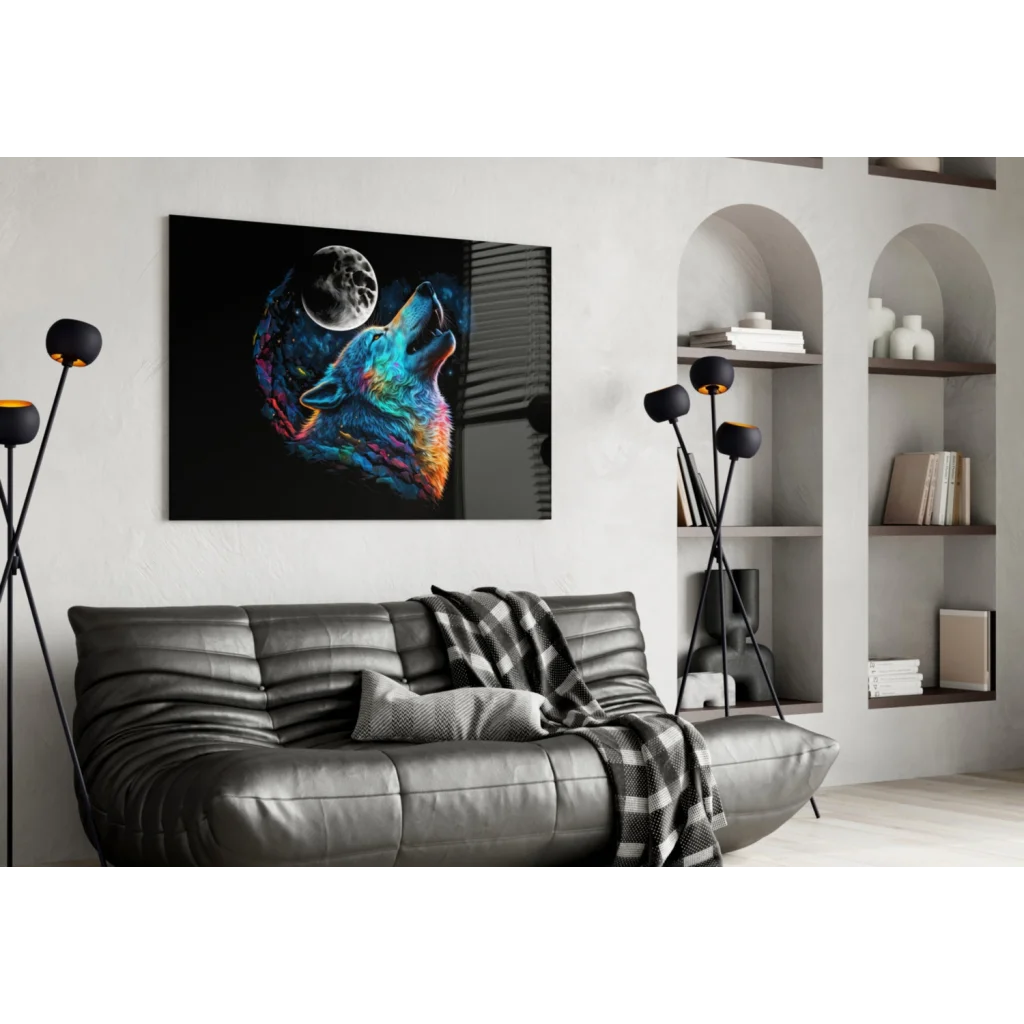Vibrant neon wolf howling at moon on black canvas glass wall art