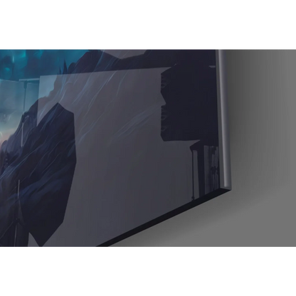 Sleek TV displaying Cosmic Wolf glass wall art with glowing moon