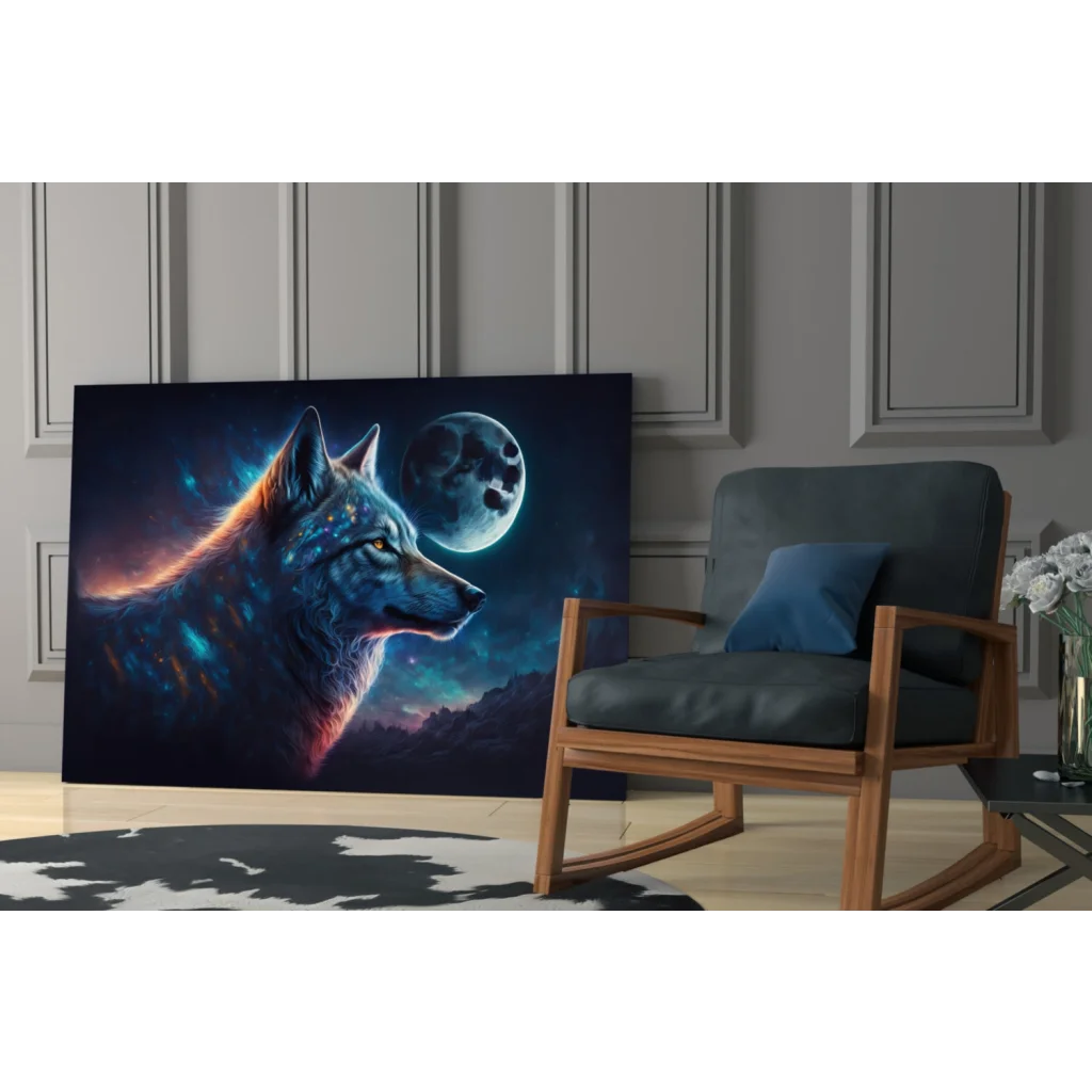 Glowing blue orange cosmic wolf wall art canvas with moon