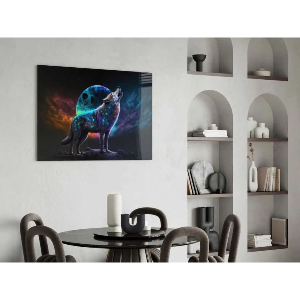 Vibrant cosmic wolf glass wall art with glowing blue purple celestial patterns