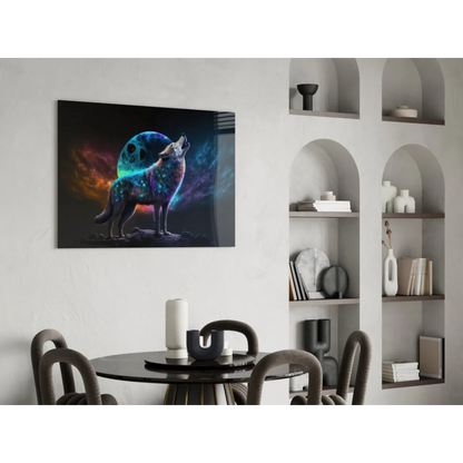 Vibrant cosmic wolf glass wall art with glowing blue purple celestial patterns