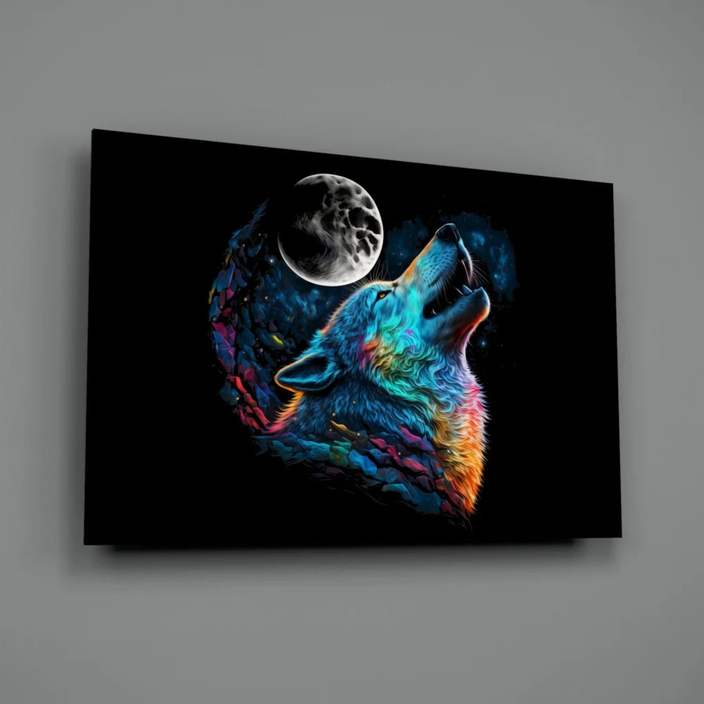 Vibrant neon howling wolf glass wall art canvas print on black background