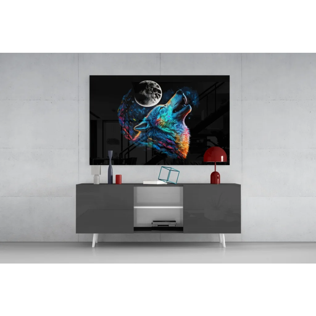 Neon wolf howling at crescent moon glass wall art canvas print