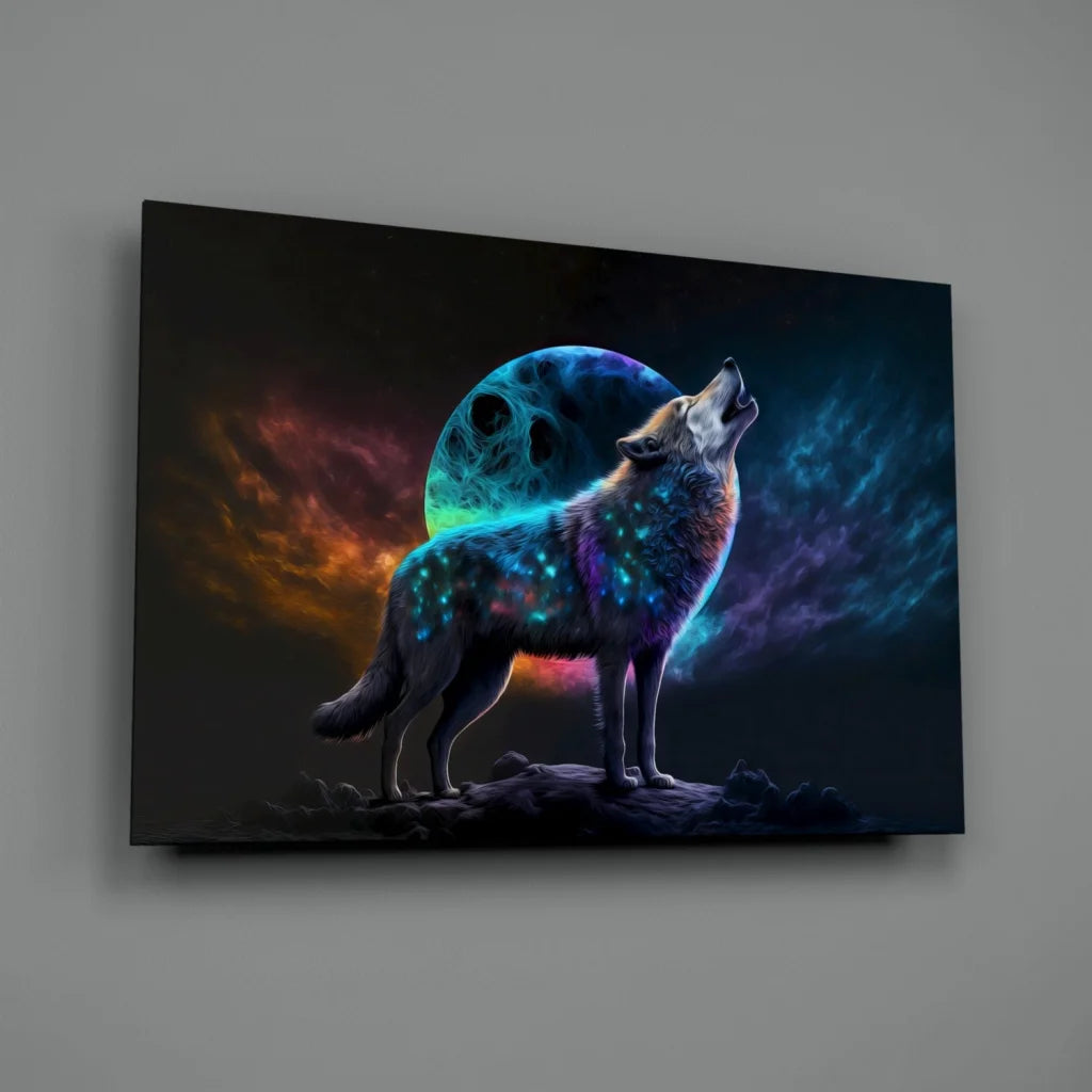 Cosmic Wolf Galaxy Wall Art with Glowing Celestial Patterns | Glass Wall Art Print | vintageantiquesgifts.com