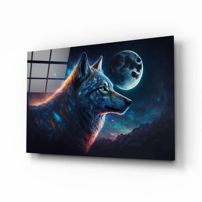 Stylized cosmic wolf wall art canvas with glowing blue orange fur and moon