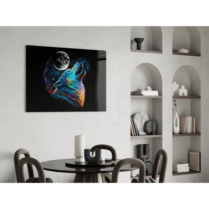 Vibrant neon wolf howling on moon glass wall art canvas print