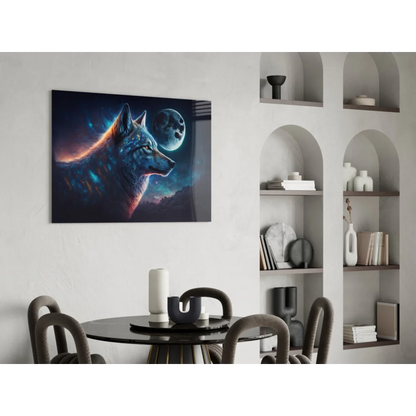 Cosmic wolf glowing blue orange fur moon wall art canvas