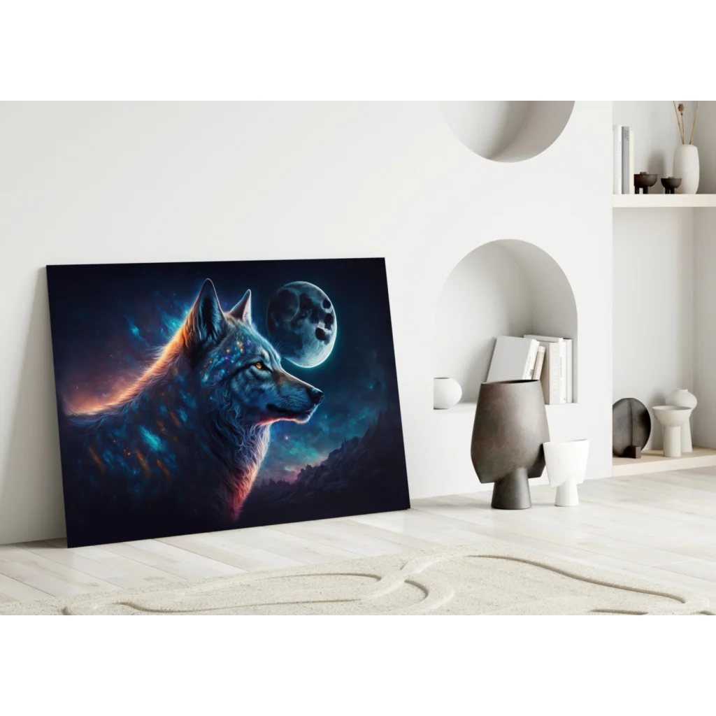 Cosmic Wolf canvas wall art with glowing blue-orange fur and moon