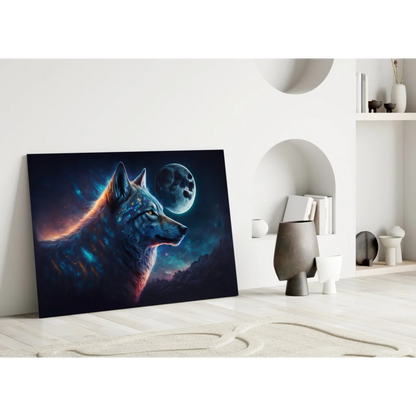 Cosmic Wolf canvas wall art with glowing blue-orange fur and moon