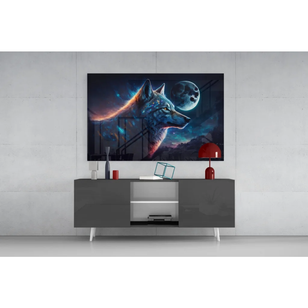 Vibrant cosmic wolf wall art with glowing blue-orange fur and full moon