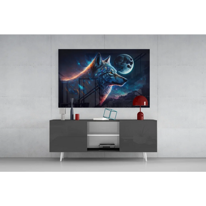 Vibrant cosmic wolf wall art with glowing blue-orange fur and full moon